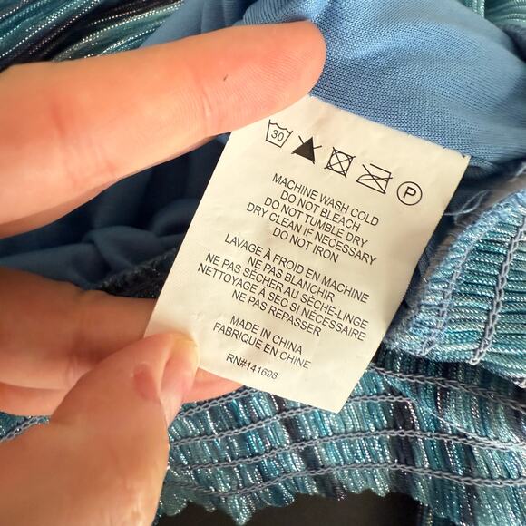 Ramy Brook Crop Top Blue Metallic Plisse Long Sleeve Blouse V-Neck, Designer XS - Picture 7 of 8